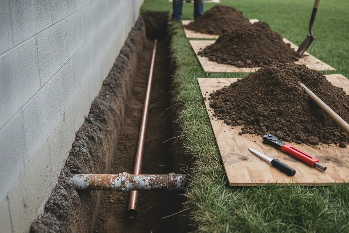 Excavated water line trench during Sewer Line Repair in Virgin